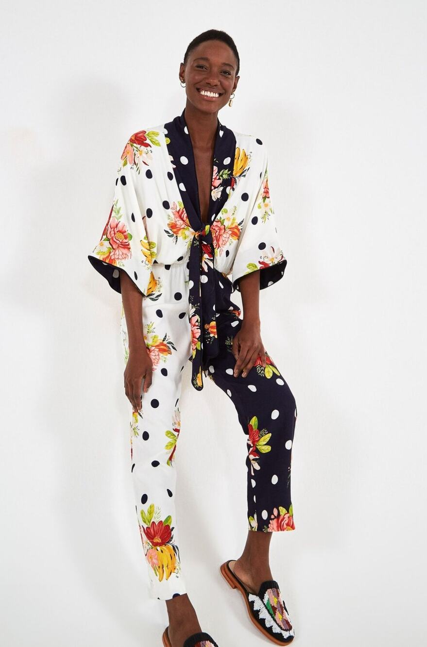 Farm Rio Nanaju Two Toned Floral Pussybow Jumpsuit Size Medium